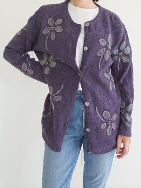 Vintage Talbots Purple Floral Embroidered 100% Wool Knit Button Button CardiganM